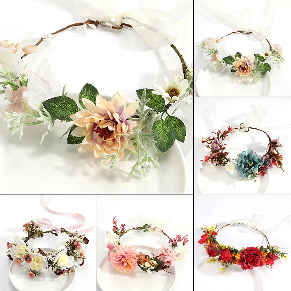 

Women Beach Headband Floral Hair Lady Girls Bride Boho Flower Headband Floral Head Wreath Garlands Bohemia Beach Flower ML