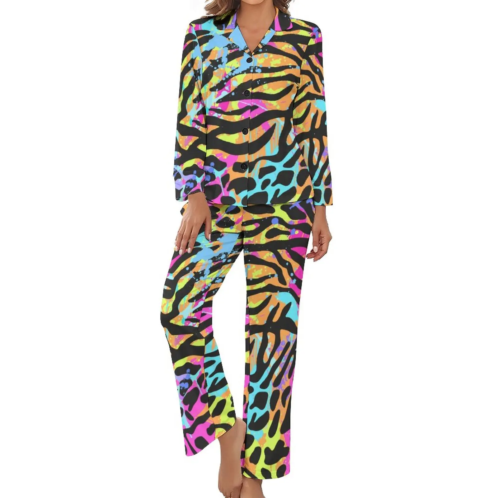 

Colorful Tiger Print Pajamas Long-Sleeve Metallic Animal Fur Stripes 2 Pieces Casual Pajama Set Female V Neck Cute Sleepwear