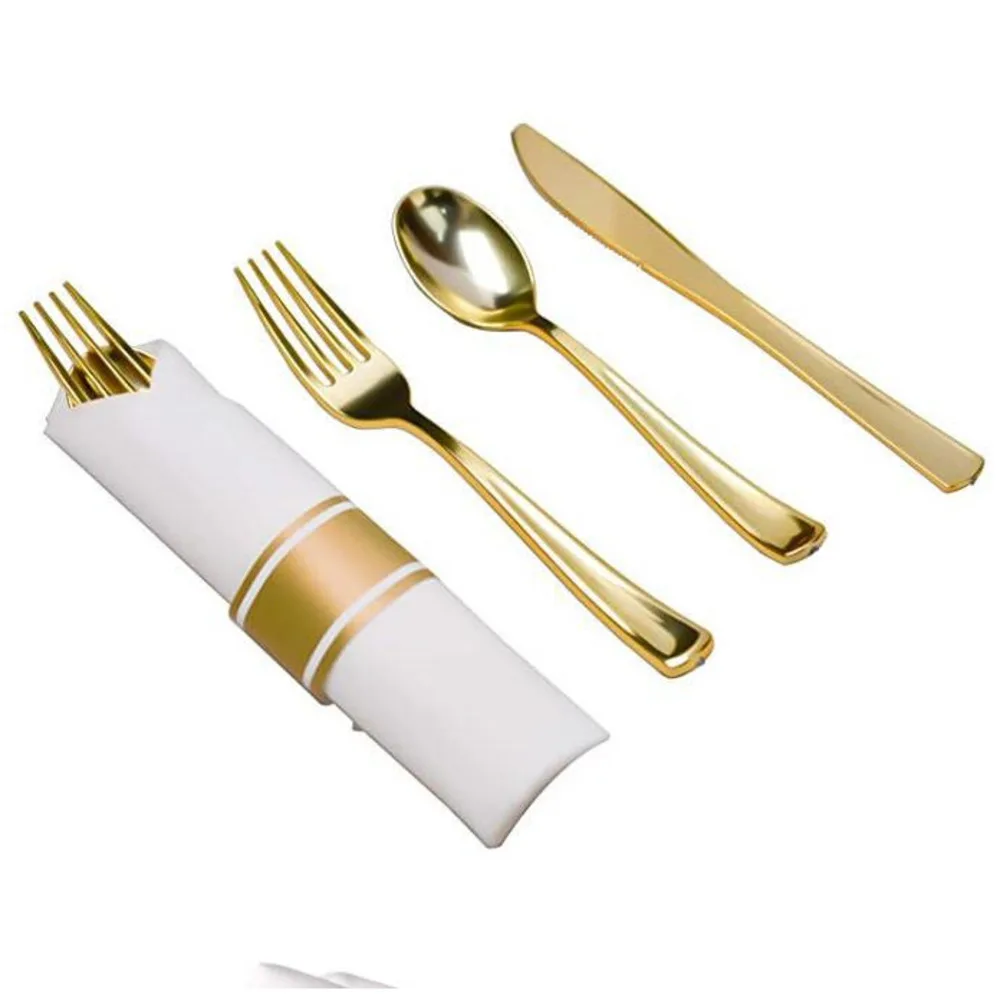 Золотой набор одноразовой посуды нож вилка ложка из трех предметов папиросная