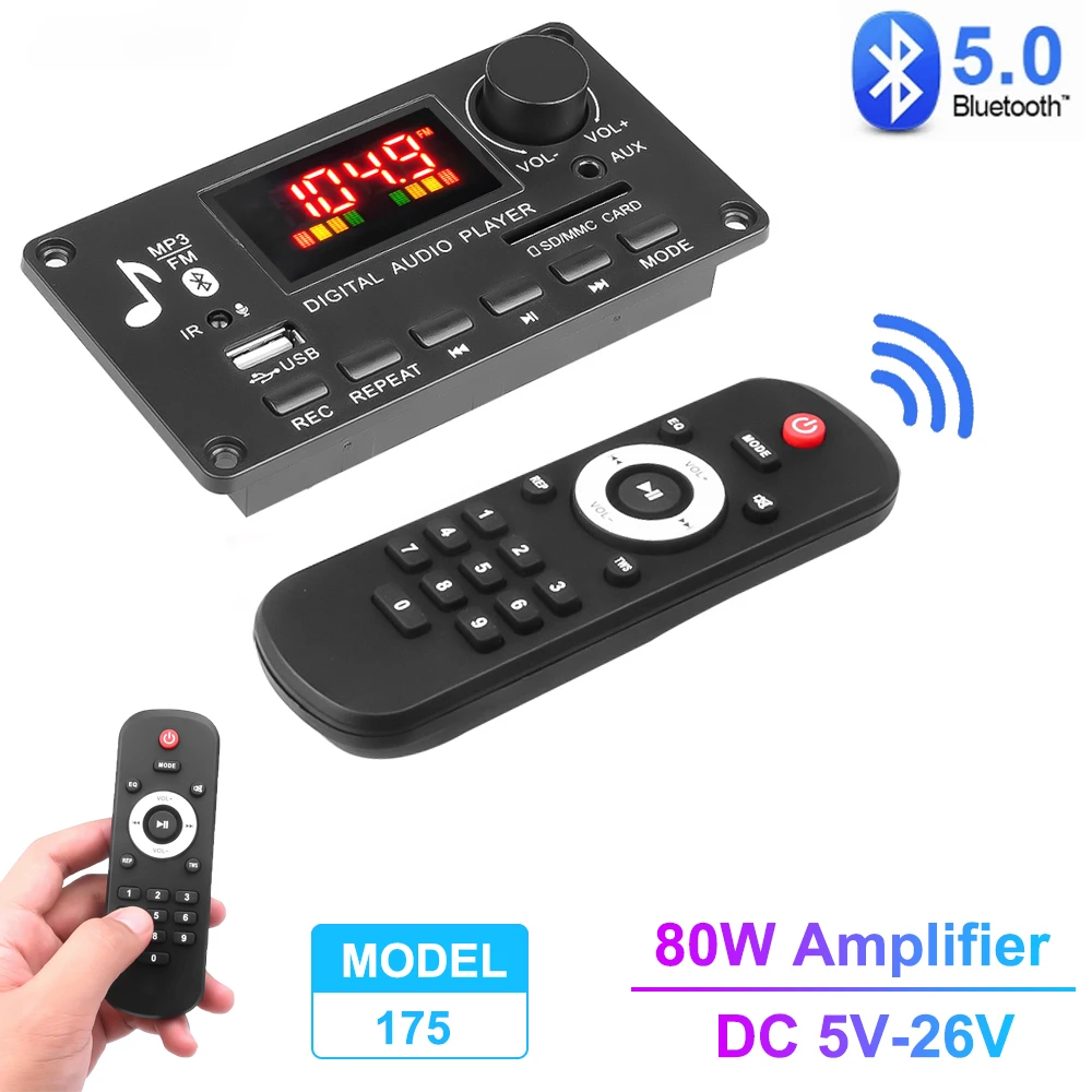 

80W Amplifier MP3 Decoder Board 12V 2*40W Bluetooth 5.0 Car FM Radio Module 5V-26V Call Record MP3 Player Support TF USB AUX WAV