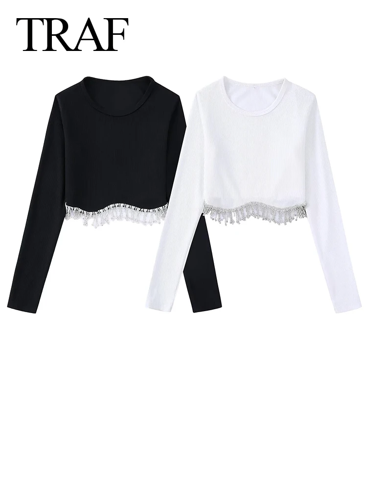 

TRAF Fashion Comfortable Knit Long Sleeve Women's Top Two Tone Black And White Versatile Rhinestone Fringe Edge Ladies Top