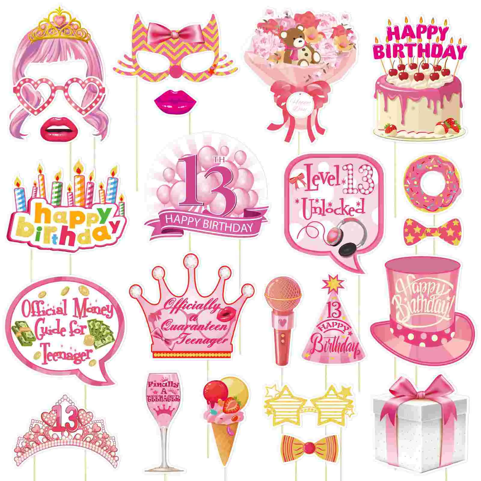 

Amosfun 23pcs Selfie Props Handheld Photo Booth Props Pre-glued with Sticks Party Props for Thirteen Birthday Party