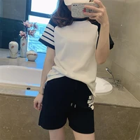 summer tb college style four bar knitted ice linen striped short sleeved t shirt casual sports shorts suit