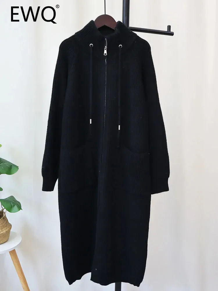 

EWQ Elegant Korean Chic Women Cardigan Sweater Zipper Knitted Stand Pockets Patchwork Coats Autumn Winter 2023 New 27SN4291