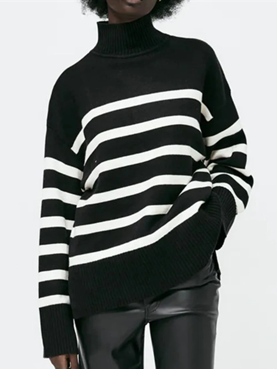 

Striped Contrast Turtleneck Sweaters For Women Autumn Long Sleeve Casual Knitted Pullover Tops Femme Streetwear Vintage Sweater