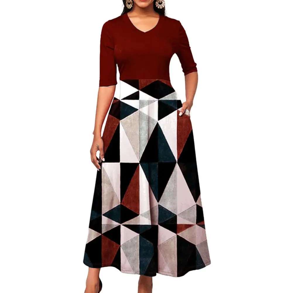 

Formal Dress Women Autumn Geometric Print Half Sleeve V Neck Slim Maxi Dress for Wedding Party Banquet