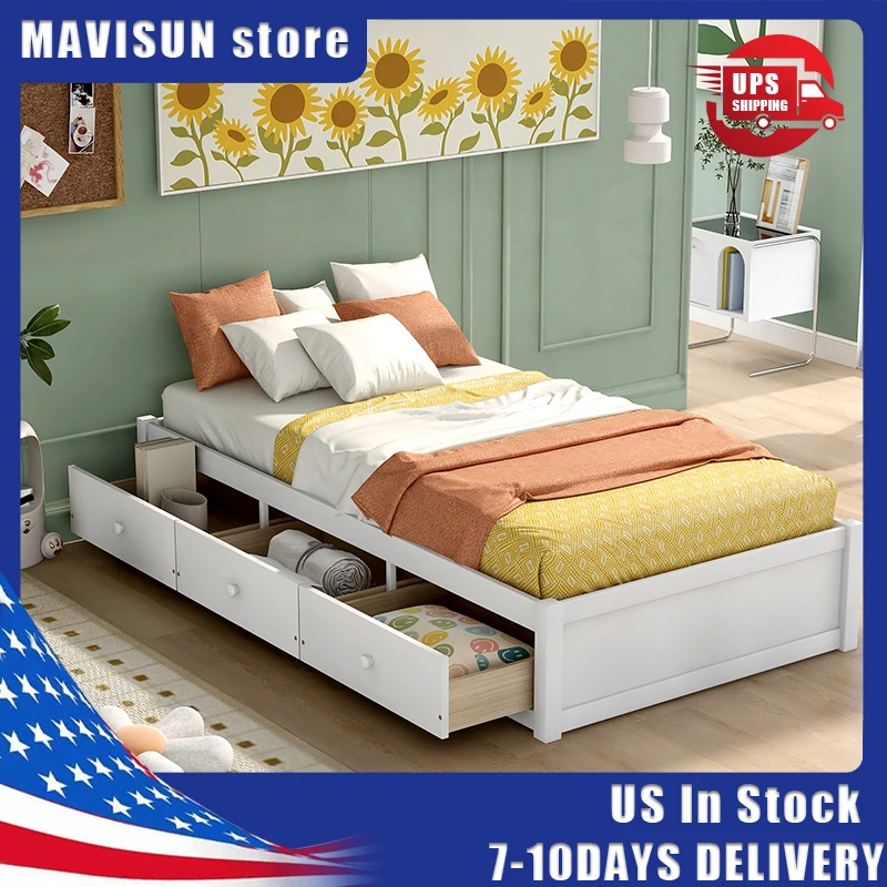 S Without Headrest Stable Solid Wood Stands Twin Size Platform Large Capacity Storage Bed With Three Drawers