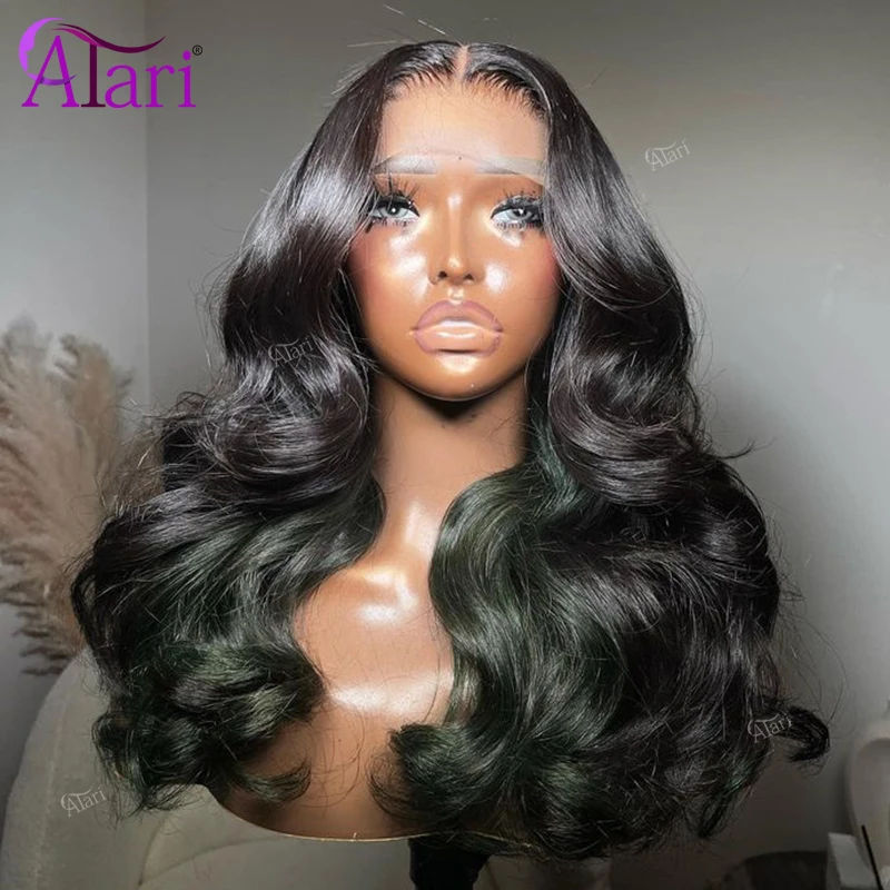 Dark Green Highlights with Black Human Hair Wigs 13x4 Body Wave Lace Frontal Wig Transaprent 5x5 Lace Closure Wig Pre Plucked