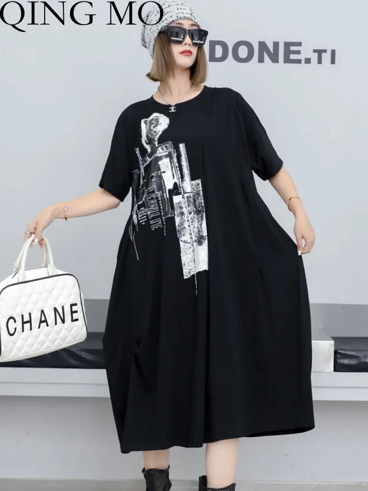 

Женское платье с принтом QING MO, Свободное длинное черное платье средней длины с коротким рукавом, ZXF3225, лето 2023