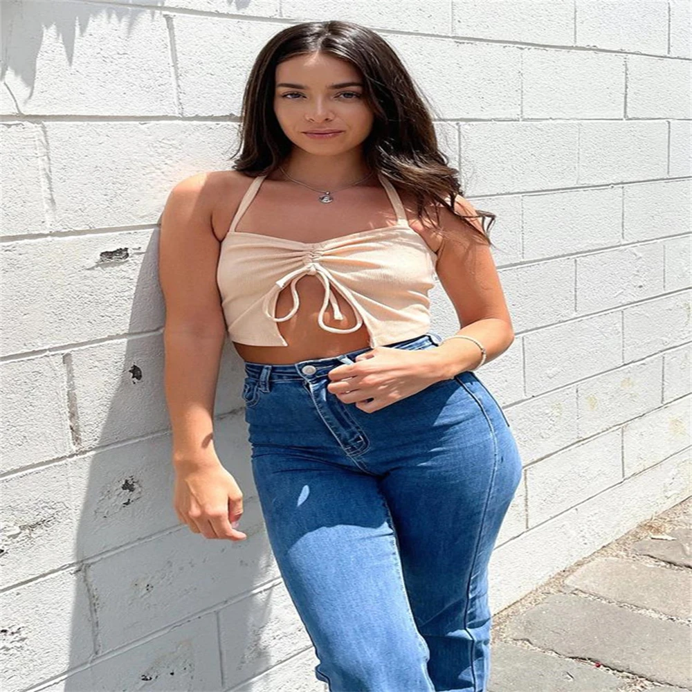 

Новинка лета 2022, модная женская уличная пикантная майка на бретелях в европейском и американском стиле, однотонные Ажурные топы на бретелях...