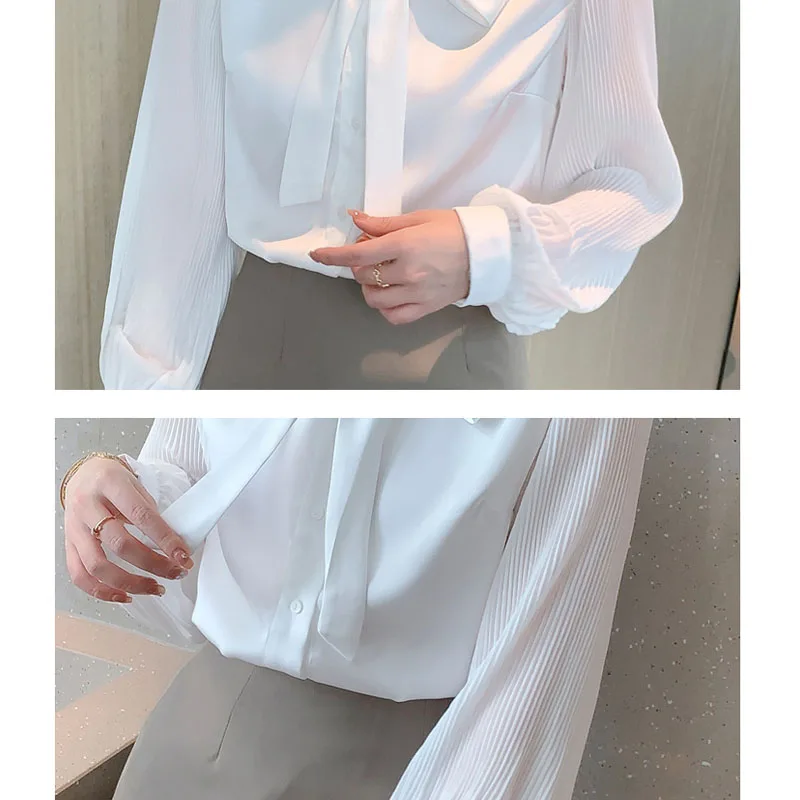 Женская шифоновая блузка с длинным рукавом и бантом на воротнике 2024