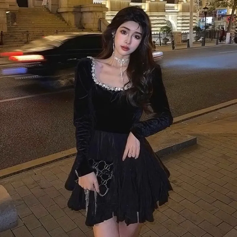 

Women's Dress Ball Gown Rhinestones Above Knee French Retro Dresses Solid Color Square Collar Slim Sexy Vestidos Dropship