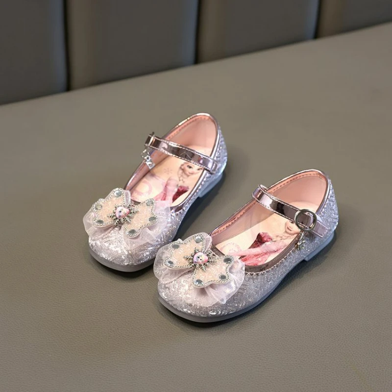 Туфли детские с бантом и блестками серебристые розовые Размеры 26-36