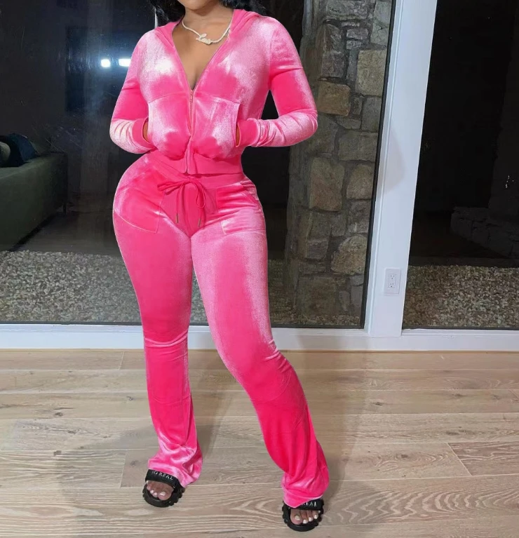 Golden Velvet Zipper Hooded Warm Casual Set