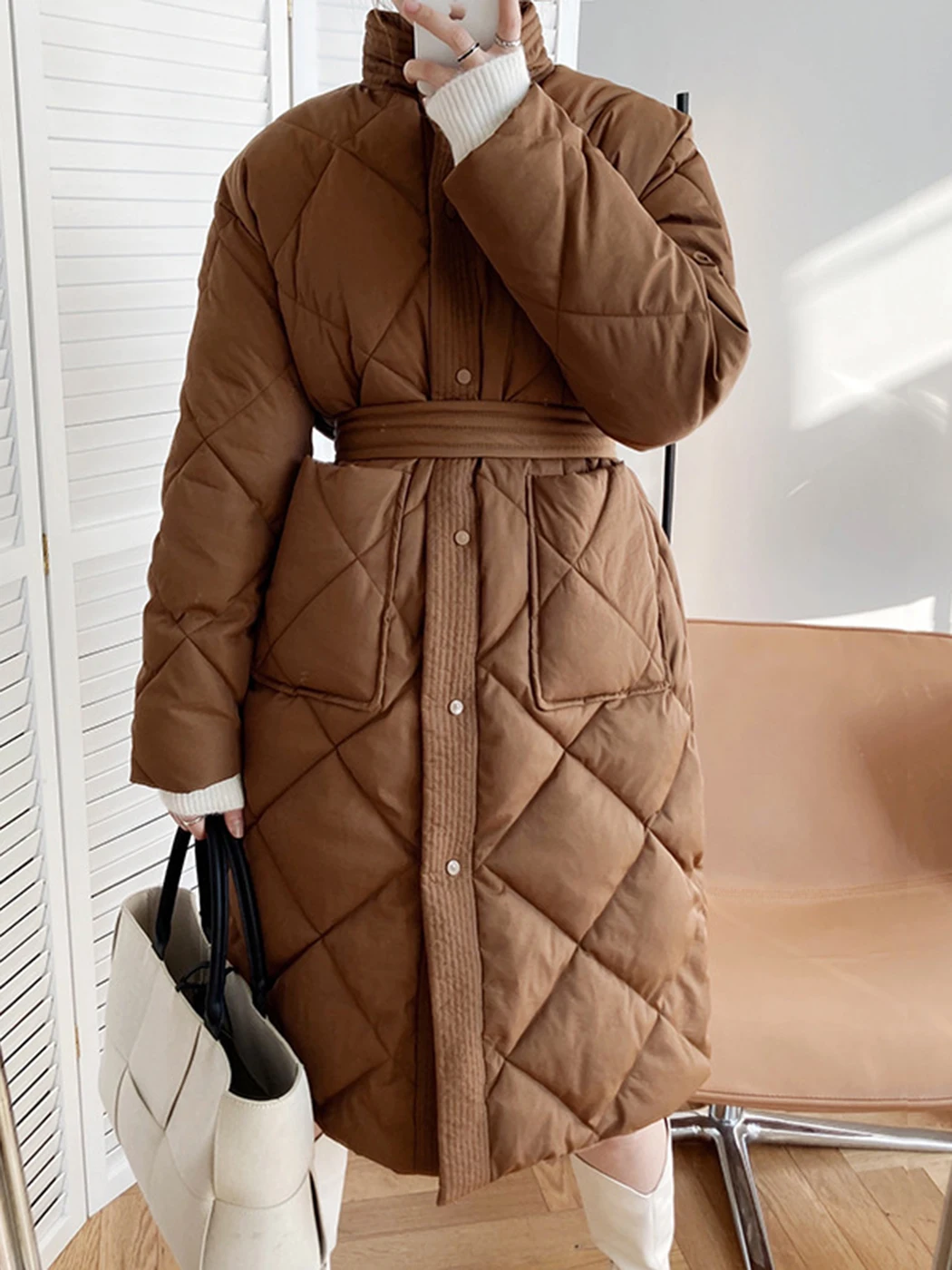 

Long Winter Coat For Women 2022 Retro Solid Color Belted Parkas Female Stand Collar Pocket Warm Quilted Jacket Cotton Clothing