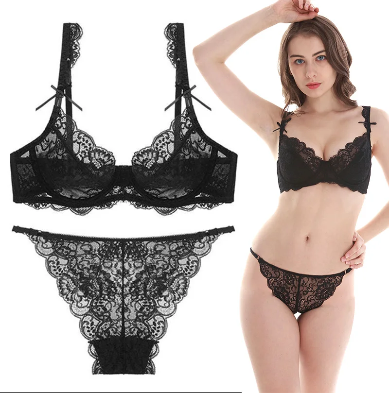 

Black Bra and Panty Set Sexy Lace Unlined Underwear Hollow 3/4 Cup Adjusted-straps Underwire Bra Set Plus Size A B C D DD E Cup