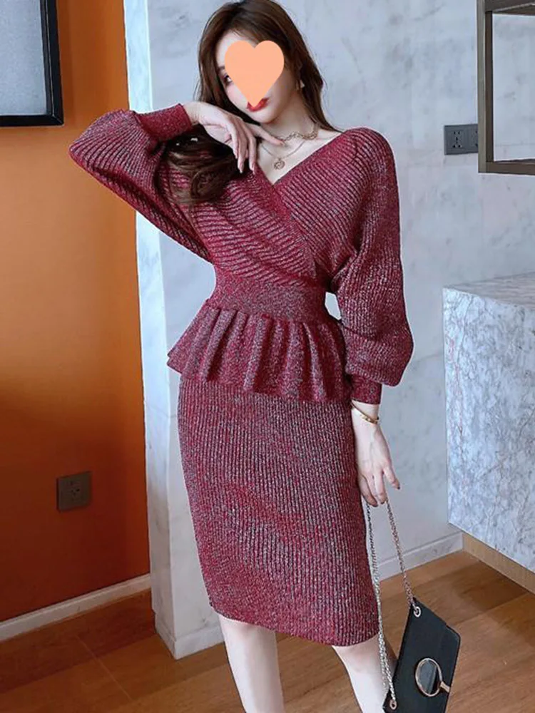 Элегантные трикотажные комплекты из 2 предметов корейский трикотаж сексуальный