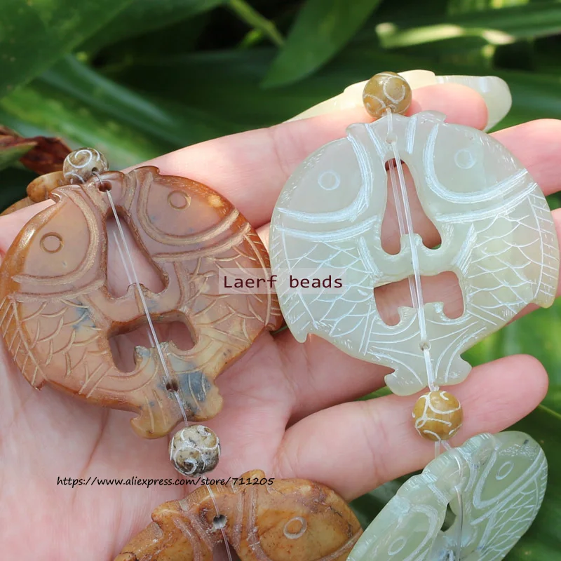 

6pcs Natural Serpentine Jade 52-55mm Cared Fish Classic Ancient Pattern,Lucky Symbol,Powerful Amulet,For DIY Jewelry Making !