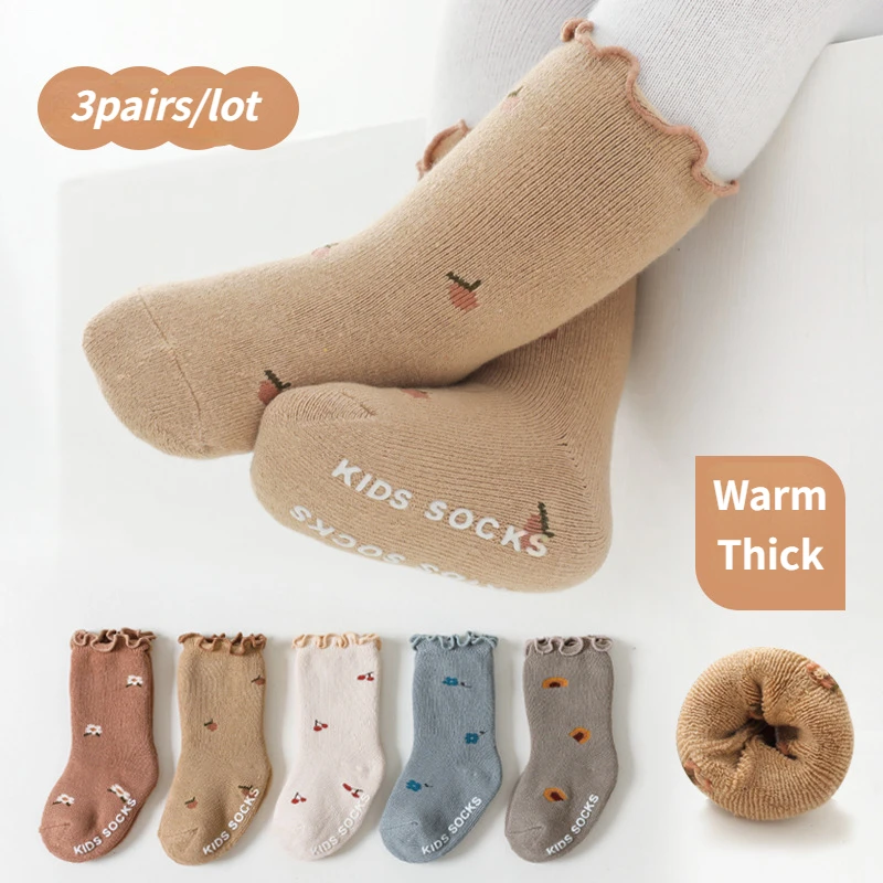 

Зимние теплые носки для детей, утепленные махровые детские носки средней длины с цветочной вышивкой и узором в виде грибка, нескользящие носки для малышей и девочек