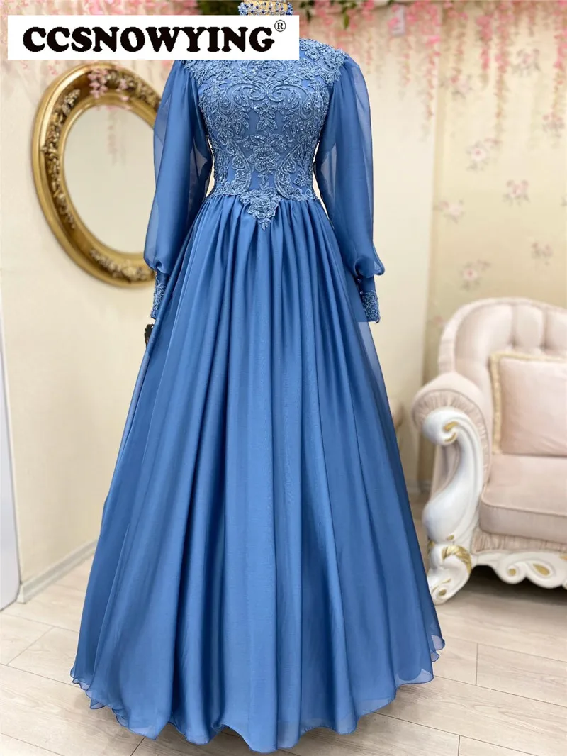 

Женское шифоновое вечернее платье с длинным рукавом, синее платье в мусульманском стиле с аппликацией и высоким воротником, официальное платье в арабском и дубайском стиле для вечеринки