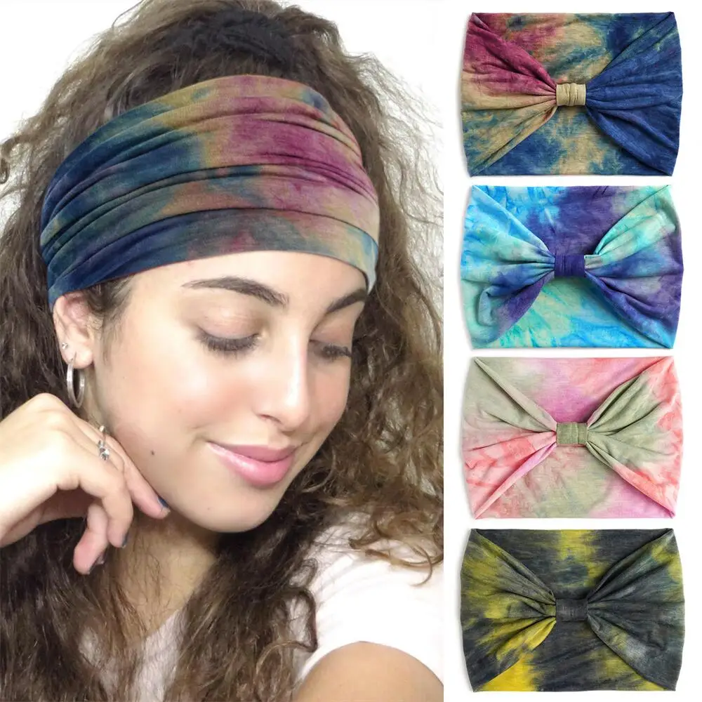 

Colourful Tie Dye Wide Knotted Headbands Women Vintage Turban Headwrap Elastic Bandanas Headscarf Girls Hair Bands Accessories