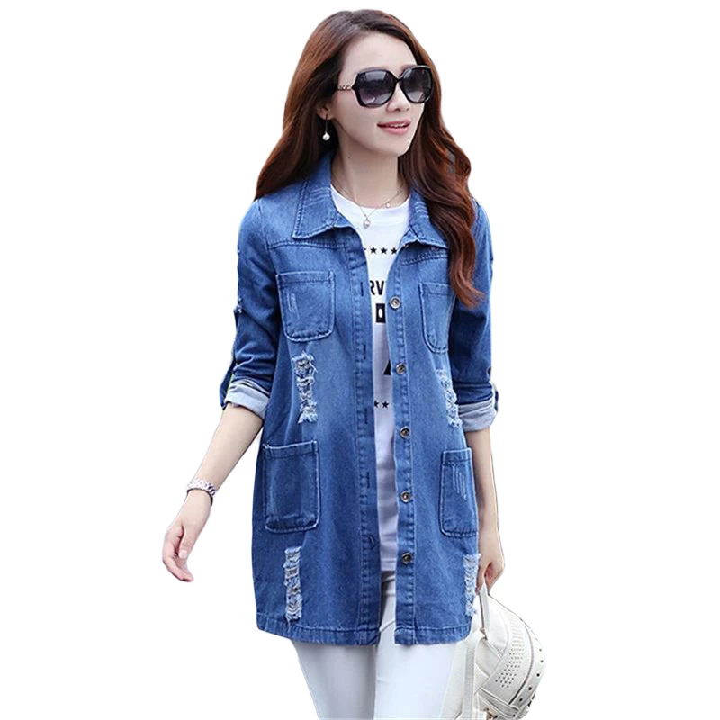 

Женская джинсовая куртка с длинным рукавом, голубая приталенная блузка из денима с карманами, повседневный Топ большого размера на осень