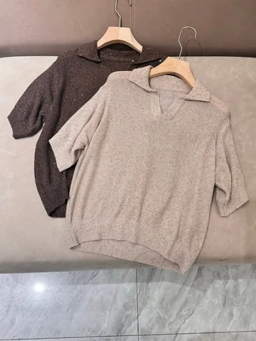 Женская элегантная однотонная льняная блузка-поло с короткими рукавами