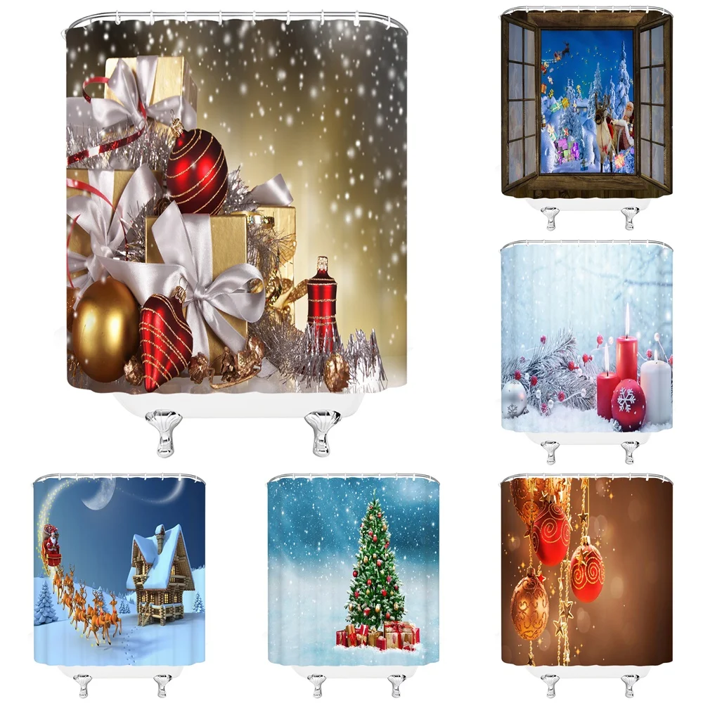 

Merry Christmas Trees Snowman Santa Claus Snowflake Shower Curtains Bathroom Curtain Fabric Polyester Waterproof Bath Curtain