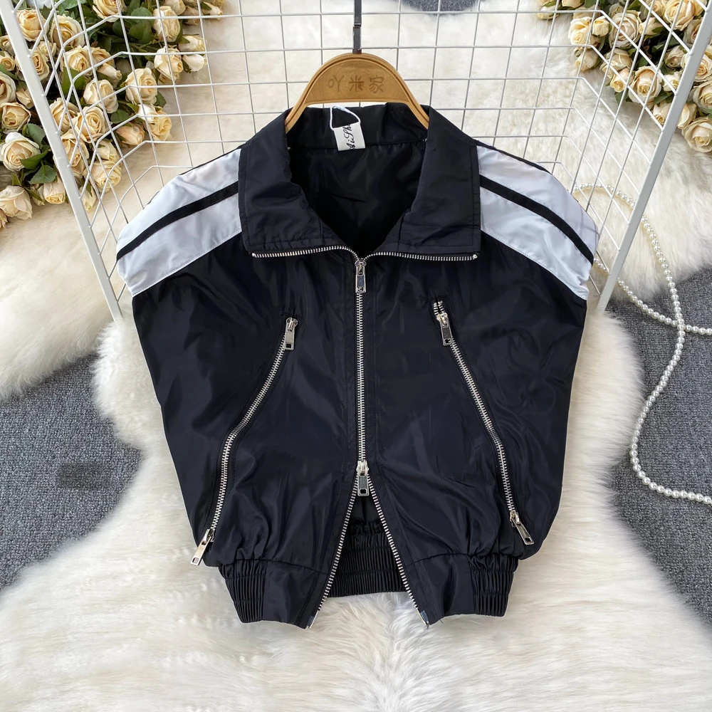 Куртка женская короткая в полоску на молнии с отложным воротником