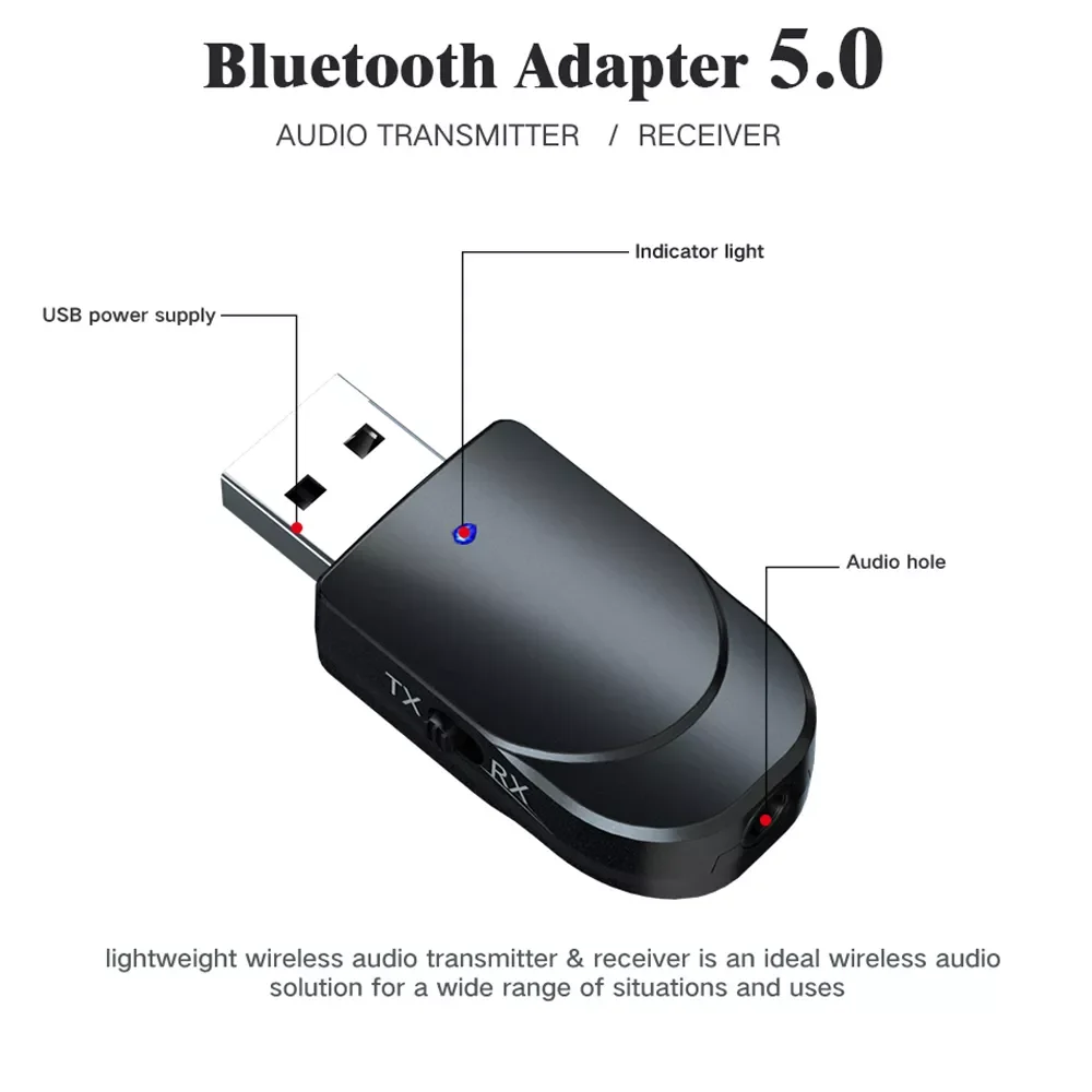 

Wireless Adapter USB Bluetooth 5.0 Audio Receiver Transmitter 3.5mm AUX RCA Stereo Music Adapter for Car Headphones TV PC