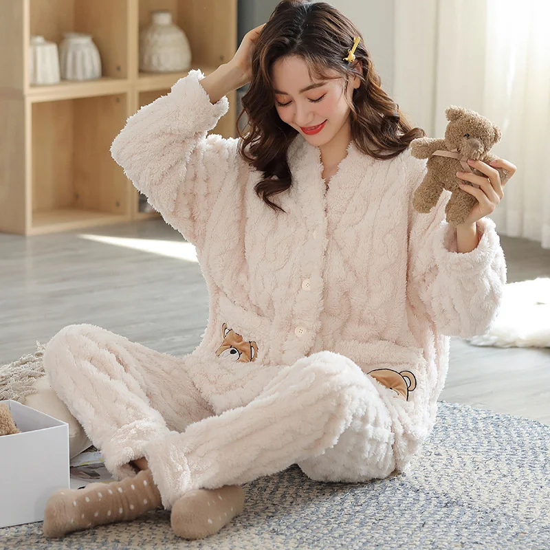 Pajamas Set Women Flannel Fleece Warm Sleepwear Winter Thick Thermal Sleepwear for Lady Full Length V-neck Home Clothes Pajamas