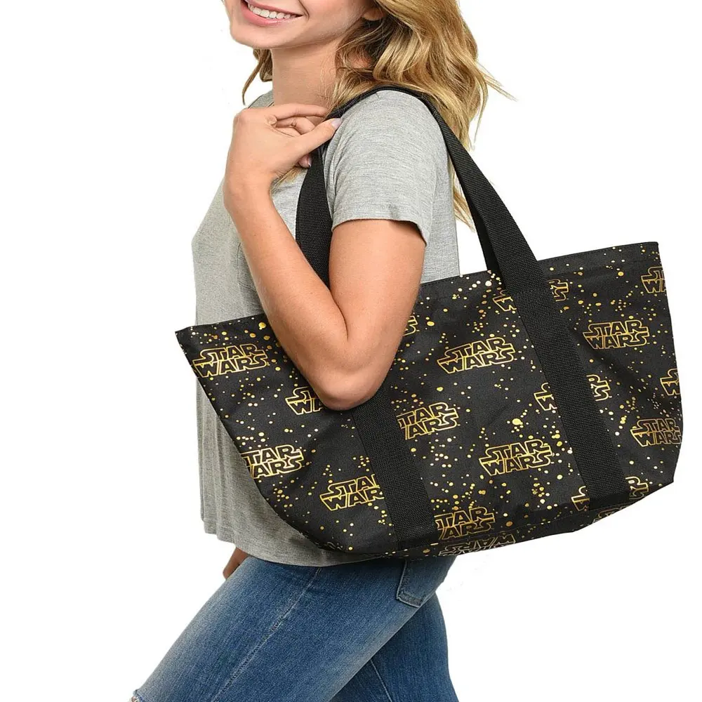 Zippered Travel Tote Bag All-over Metallic Logo Shoulder Handbag Black