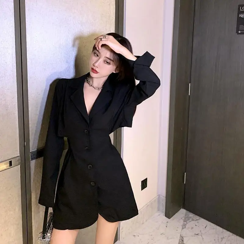 

Backless Black Balzer Dress Women 2022 Sping Summer Long Sleeve A Shape Jackets for Women Coats Single Breasted Blazer
