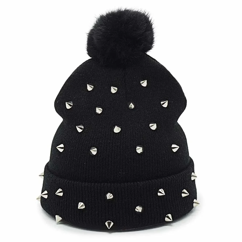 

Женские зимние шапки с помпоном и заклепками, вязаная шапка в стиле панк-рок, хип-хоп, теплые шапки, черные шапочки, шапки