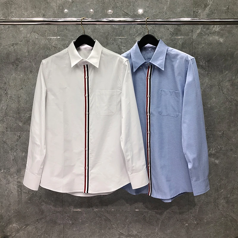 TB THOM Men's Shirt Clothing Fashion Top Brand Striped Front Closure Casual Oxford Slim Long Sleeve Women's Shirts Korean Lovers