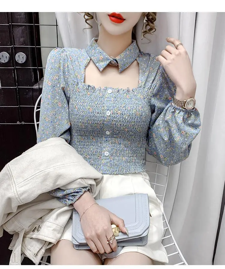 Женская шифоновая блузка с цветочным принтом короткая винтажная длинным рукавом