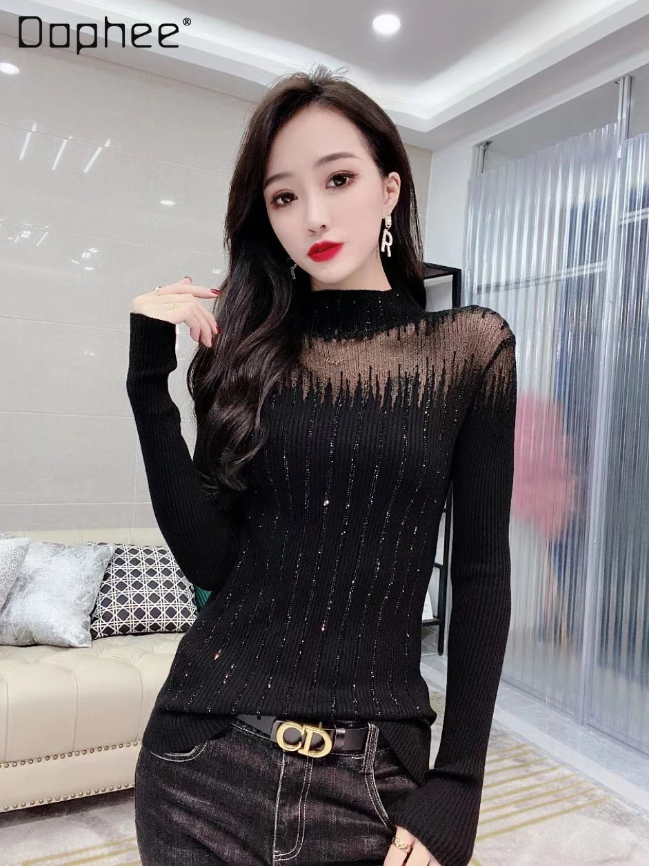 

Women's Turtleneck Mesh Bottoming Shirt 2022 Long Sleeve Slimming Inner Wear Sweater Lady Hollow Rhinestone Knitted Pullovers