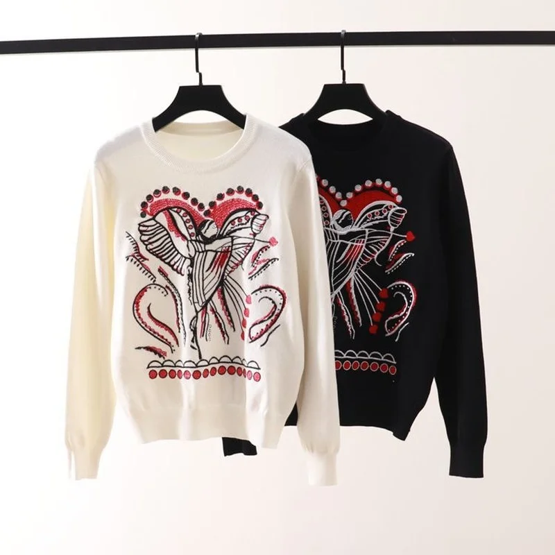 

2022 Autumn Winter Sweater Pullovers Women Jumper Casual Jersey Angel Embroidery O-Neck Knitwear Black White Japanese Korean ins