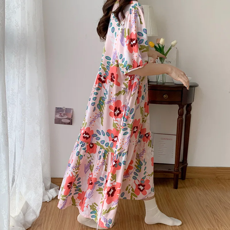 Night Dress Women Nightdress Summer Light Cotton Silk Pajamas Home Clothes Fat MM Loose Can Outside Nightdress Girl 100KG