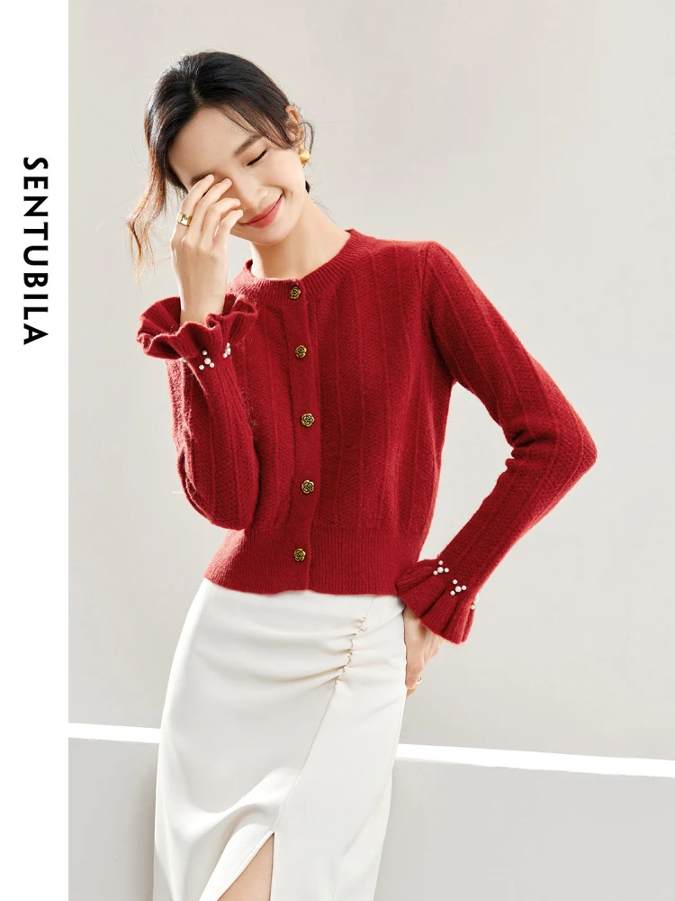 SENTUBILA весенний вязаный укороченный кардиган с круглым вырезом и