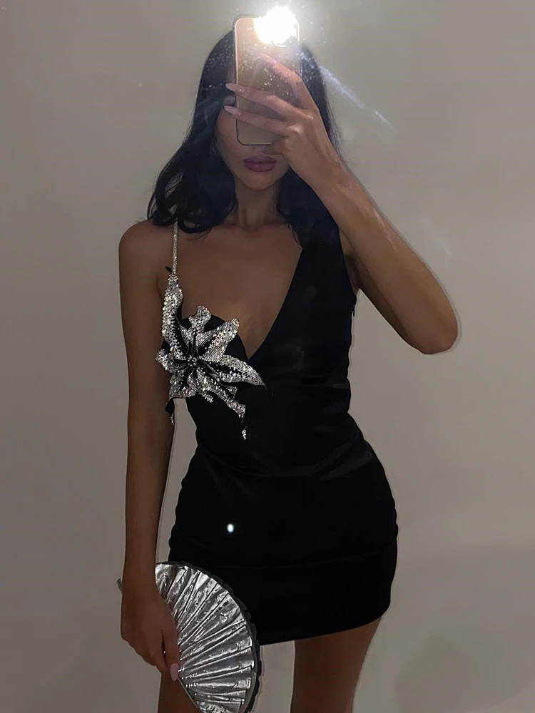 

BEVENCCEL, новинка 2023 года, женское пикантное облегающее мини-платье без рукавов с V-образным вырезом на бретельках, украшенное стразами и цветами, знаменитости, искусственное платье
