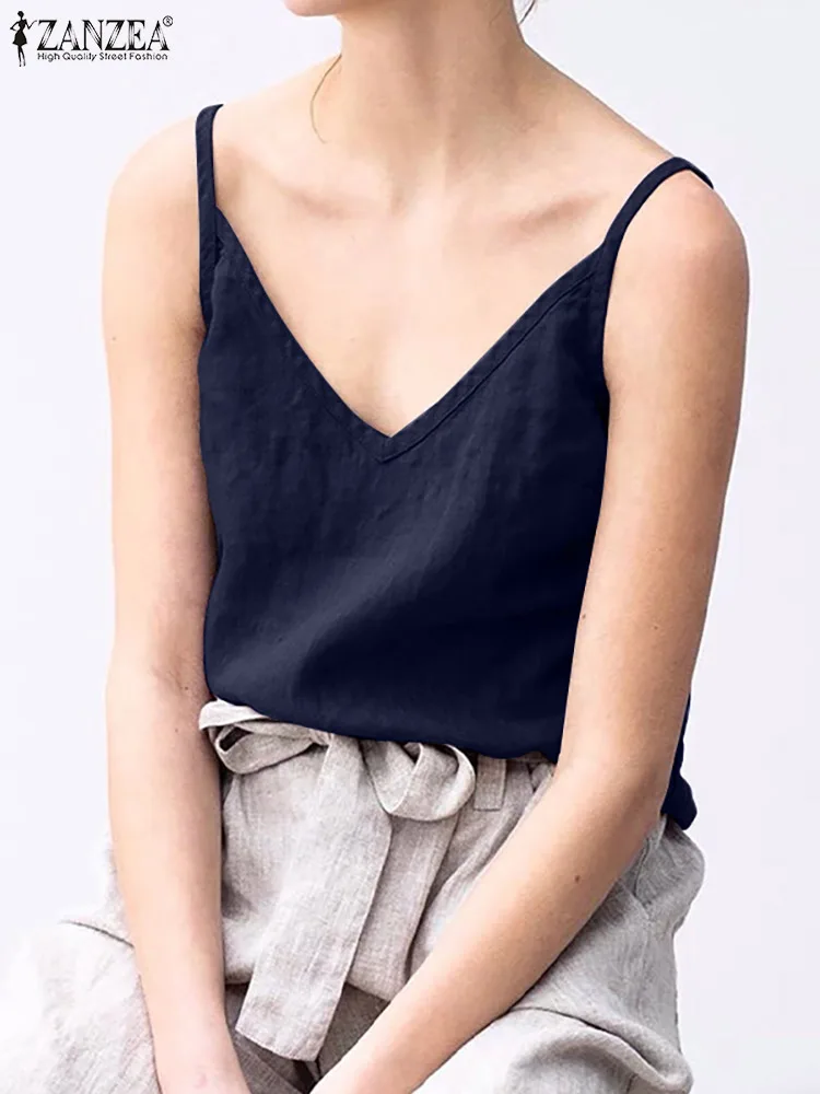 

Fashion Tank Tops Cami Women Summer Blouses 2022 ZANZEA Casual Spaghetti Straps Tunic Female Solid Shirt Oversized Chemise Top
