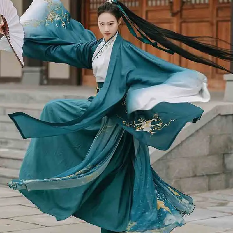 

Gradient Green Hanfu Plus Size Men&Women Chinese Traditional Embroidery Dress Halloween Cosplay Costume Hanfu Jacket For Couples