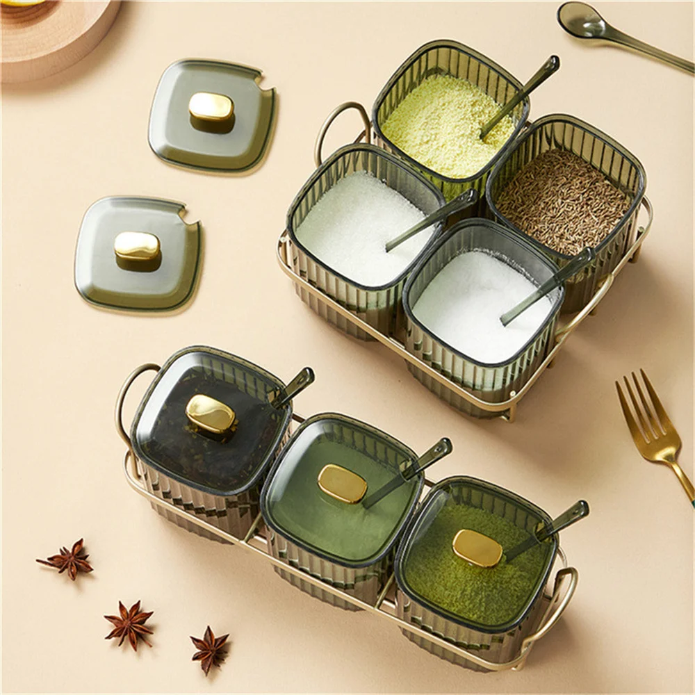 Luxury Sauce Container Set Salt Sugar Storage Box Sets With Cover Handle Spoon Kitchen Portable High Quality |