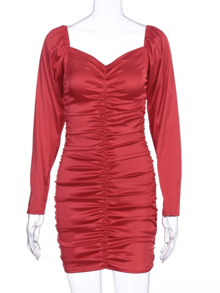 Атласное Плиссированное пикантное мини-платье с длинным рукавом-фонариком и