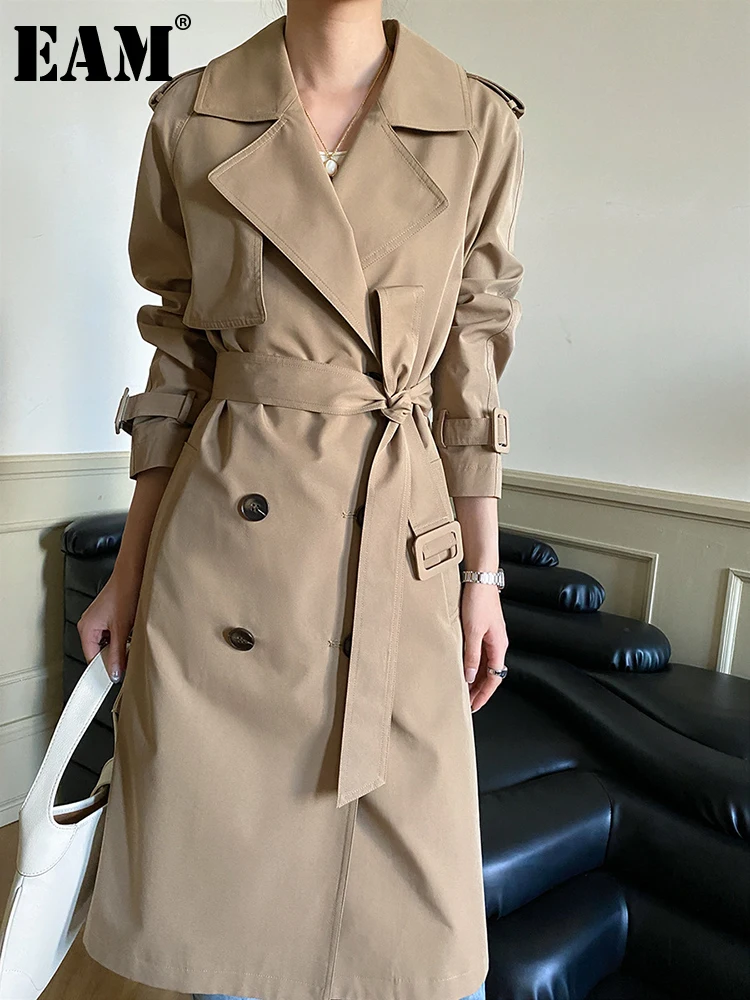 

[EAM] Women Khaki Double Breasted Big Size Long Trench New Lapel Long Sleeve Windbreaker Fashion Tide Spring Autumn 2023 1DF7497
