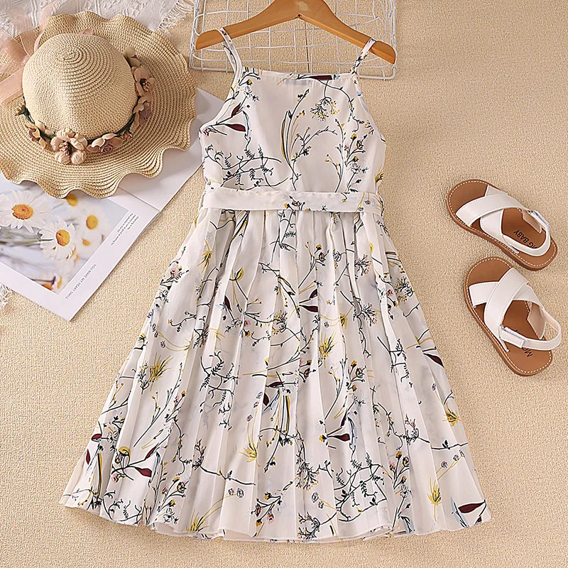 

Summer Girls Sumdress White Print Tie Shoulder Dress Kids Clothing Girls' Dresses Children's Clothes 5-12 yrs