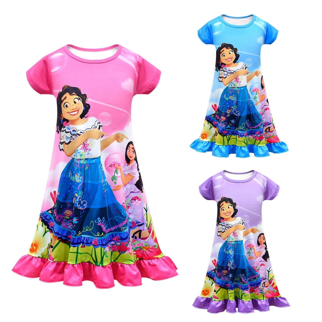 

2022 Children's Nightdress New Disney Encanto Summer Cartoon Print Girls Short Sleeve Ruffle Dress 3-10Y