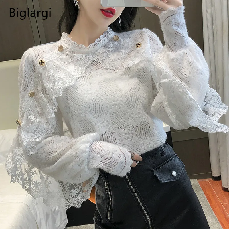 

Lace Shirt Casual Spring Women Blouses Elegant Ladis Office Shirts Korean Fashion Woman Modis Tops 2022 Stand Collar Tops