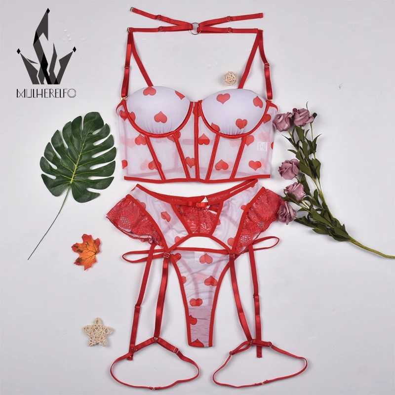 Mulherelfo Lingerie For Women Heart Print Erotic Ruffles Garter Fancy Underwear Sexy G-String Thongs Red Lace 4-Pieces Outfits